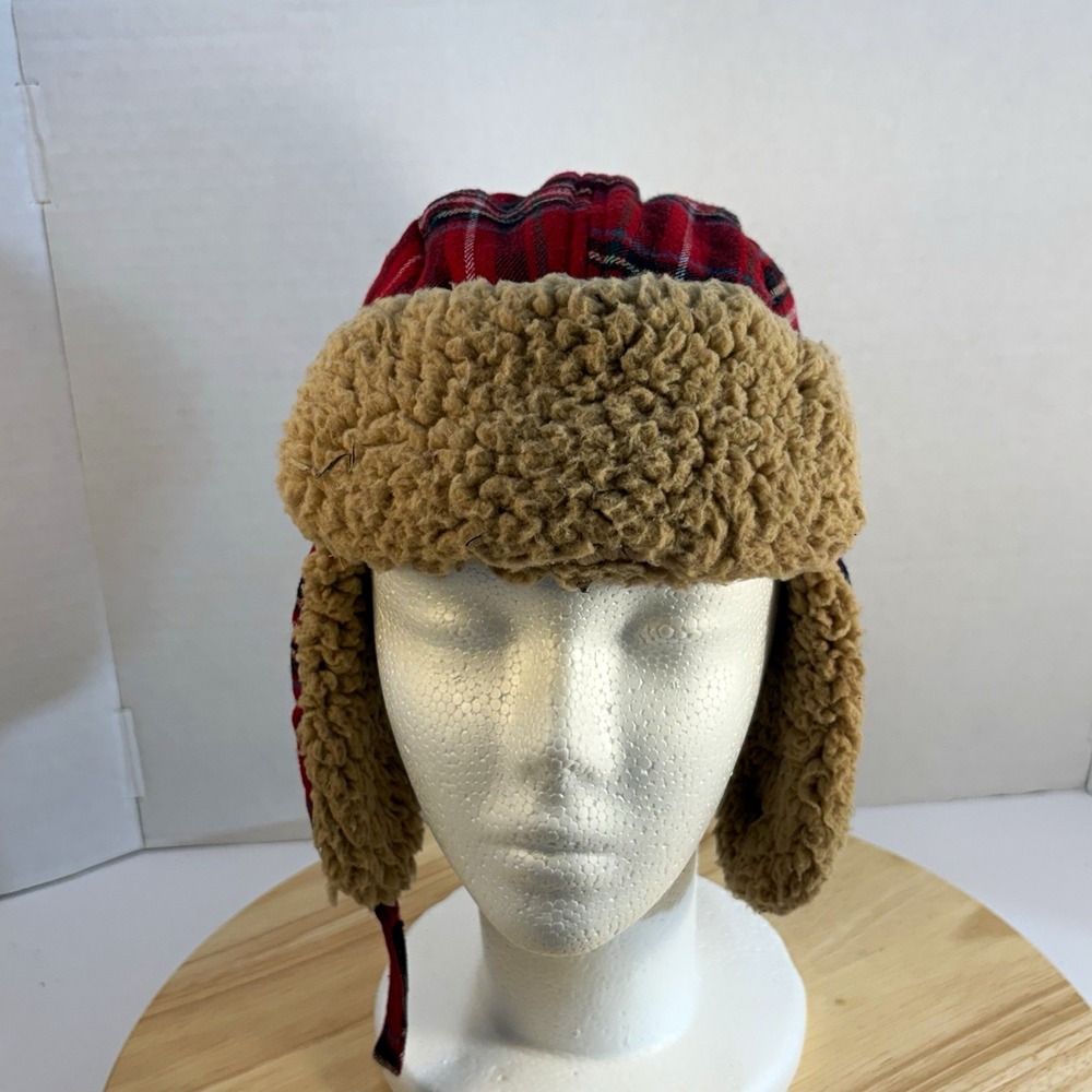Carter's Boys Aviator/Pilot Winter Hat Ear Flaps Faux Fur Plaid Red 4-7
